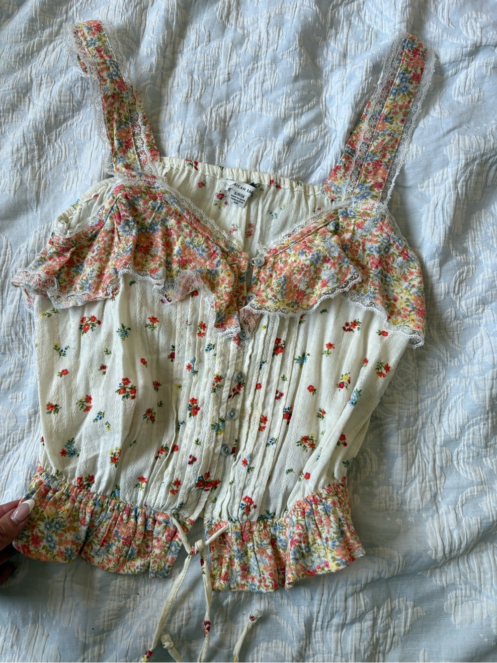 Floral Ruffle Cropped Tank Top - Cream with Multicolor Flowers